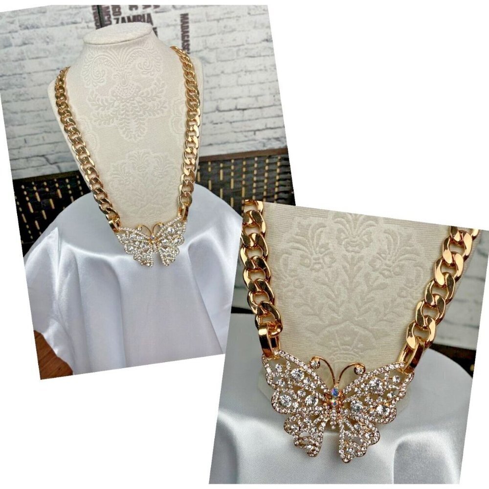 Natasha Large Crystal Butterfly Thick Gold-Tone Link Chain Statement Necklace